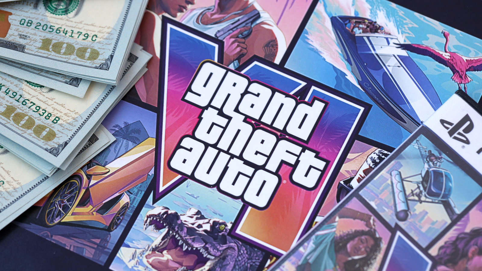 GTA VI logo and colorful game artwork arranged beside stacks of U.S. dollar bills