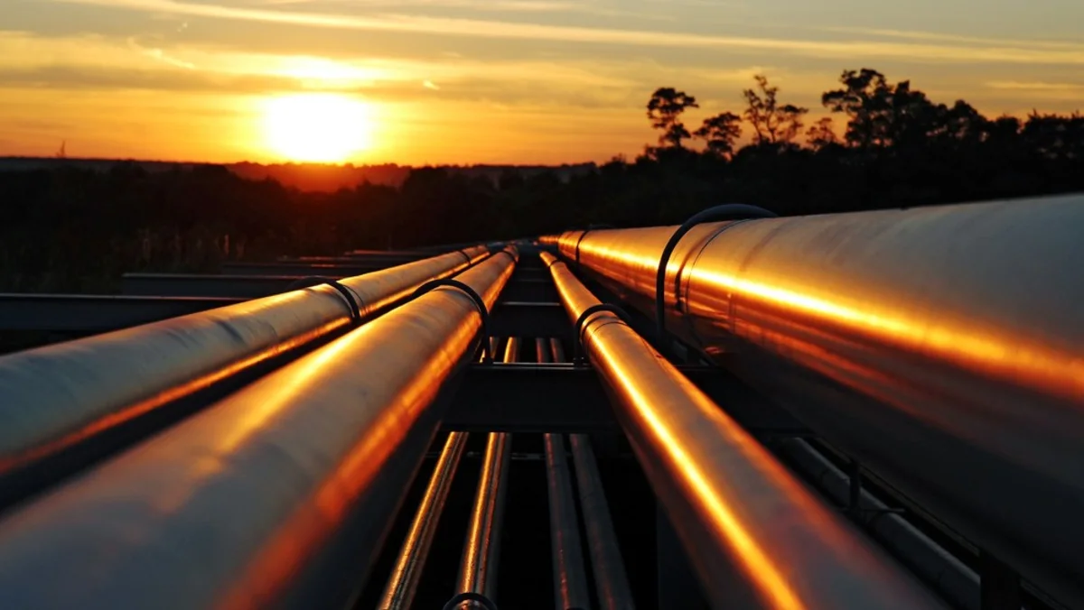 Industrial pipelines reflecting golden sunset light across a darkened landscape.