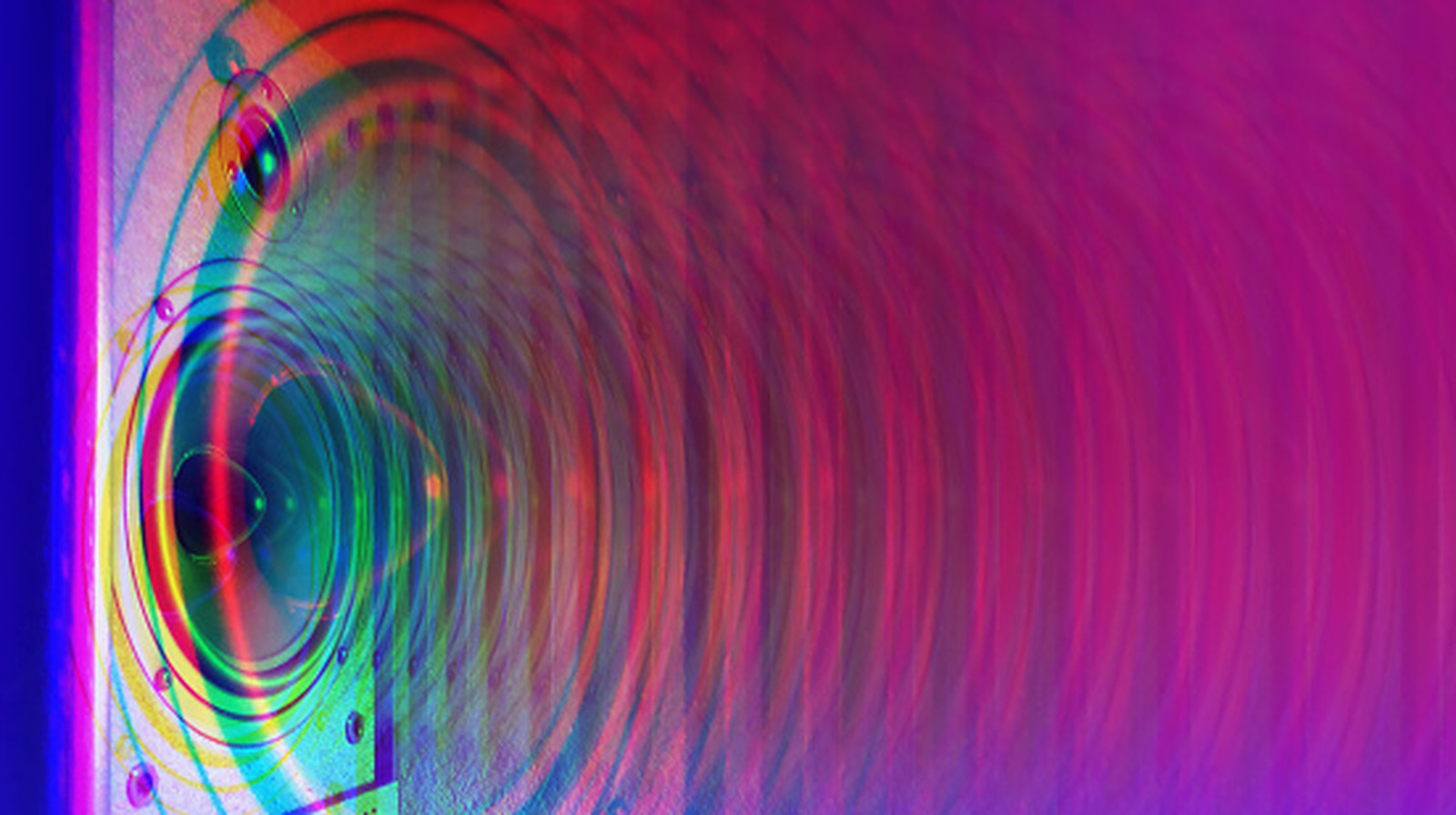 Abstract colorful speaker-like circular wave patterns against a vivid magenta, blue, green, and red background