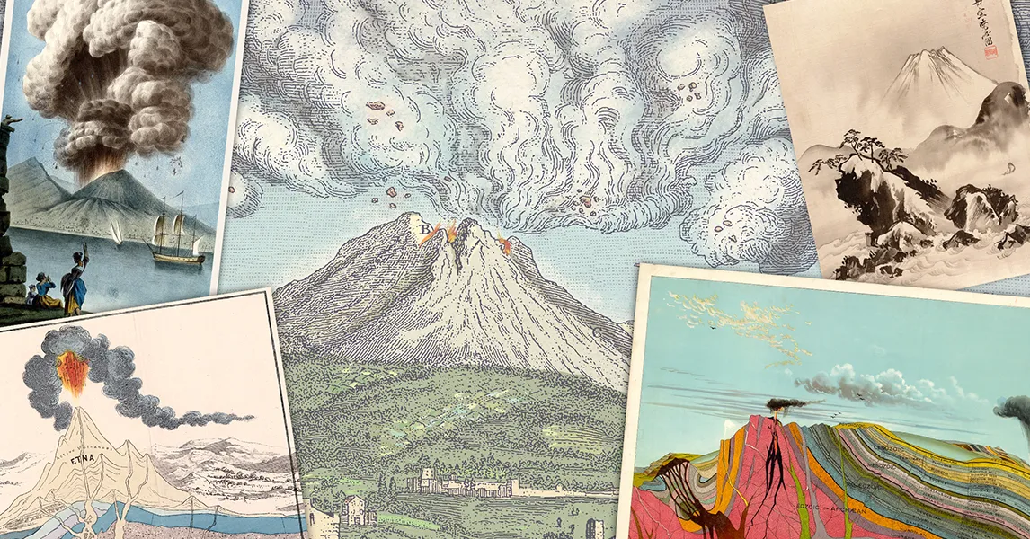 Collage of historical illustrations depicting erupting volcanoes, mountains, smoke, and geological cross-sections.