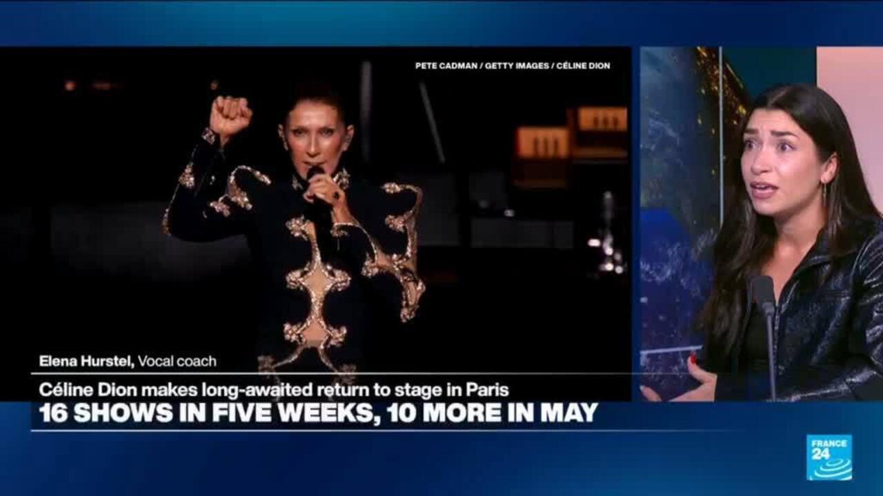 Split-screen shows Céline Dion performing onstage beside a woman speaking during a television interview.