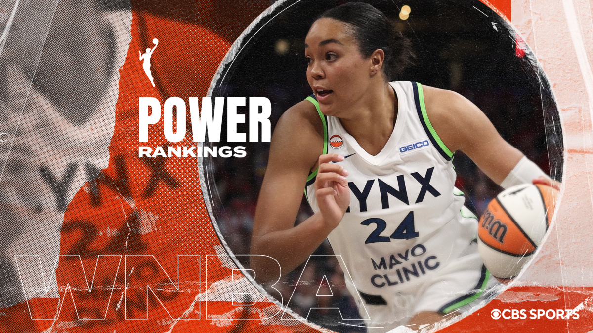 Basketball player in a white Lynx jersey dribbles beside a WNBA playoff power rankings graphic.
