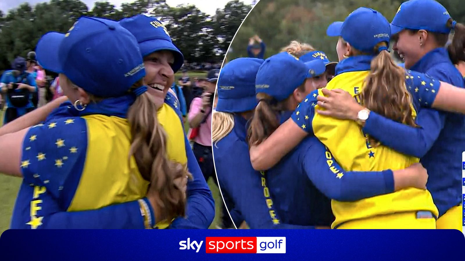 Women in blue and yellow golf attire embrace during jubilant Solheim Cup celebrations