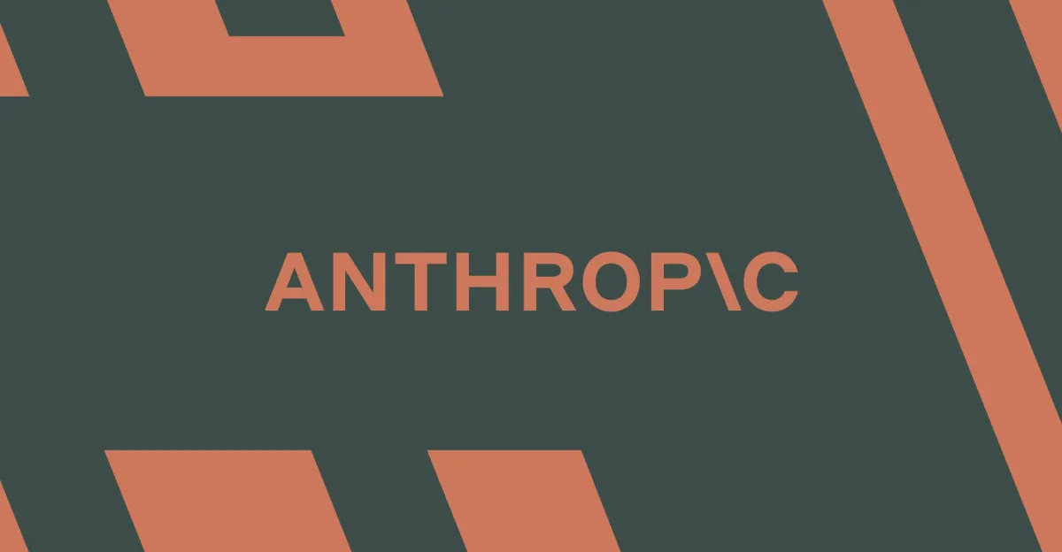Anthropic logo in coral lettering centered on a dark green background with geometric coral shapes
