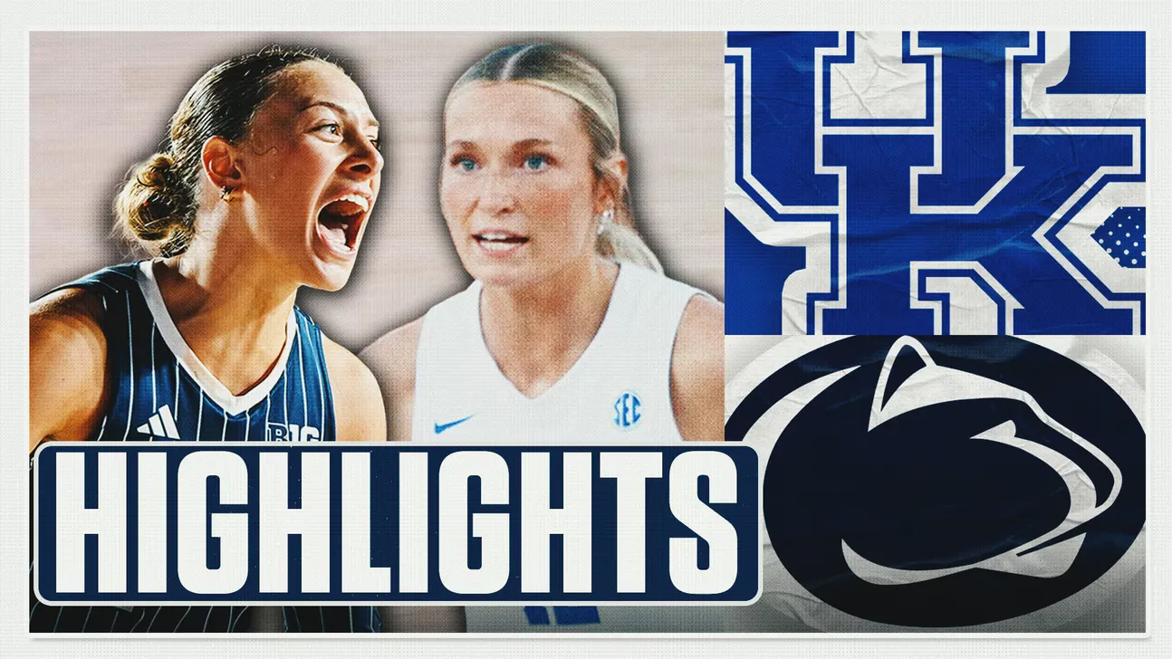 Two female volleyball players, Kentucky and Penn State logos, and a bold HIGHLIGHTS graphic