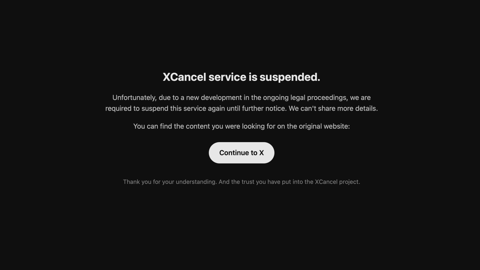 Dark webpage states XCancel service is suspended and offers a button to continue to X.