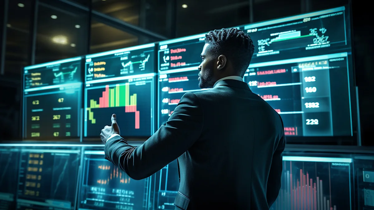 Man in suit gestures toward colorful data dashboards in a dimly lit control room.