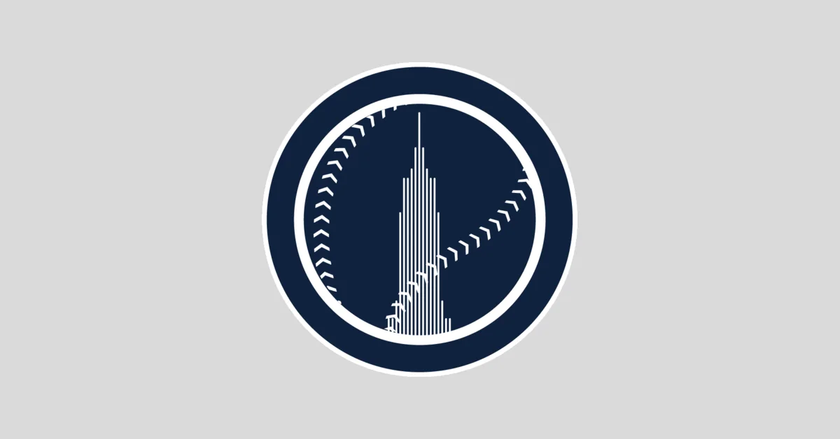 Navy circular emblem featuring a stylized white baseball and vertical skyline-like lines