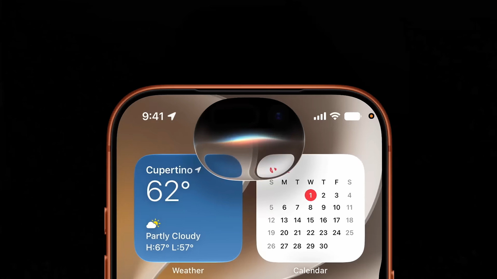 Close-up of an iPhone displaying Weather and Calendar widgets against a black background.
