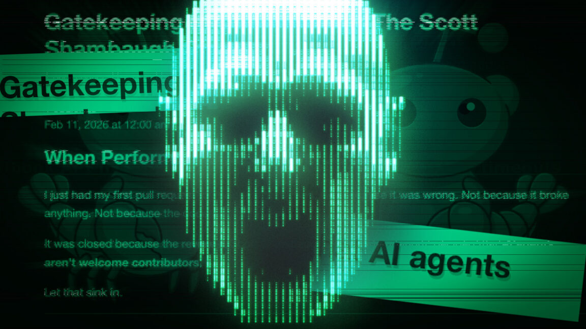 Green digital face overlays article text and a banner reading “AI agents.”