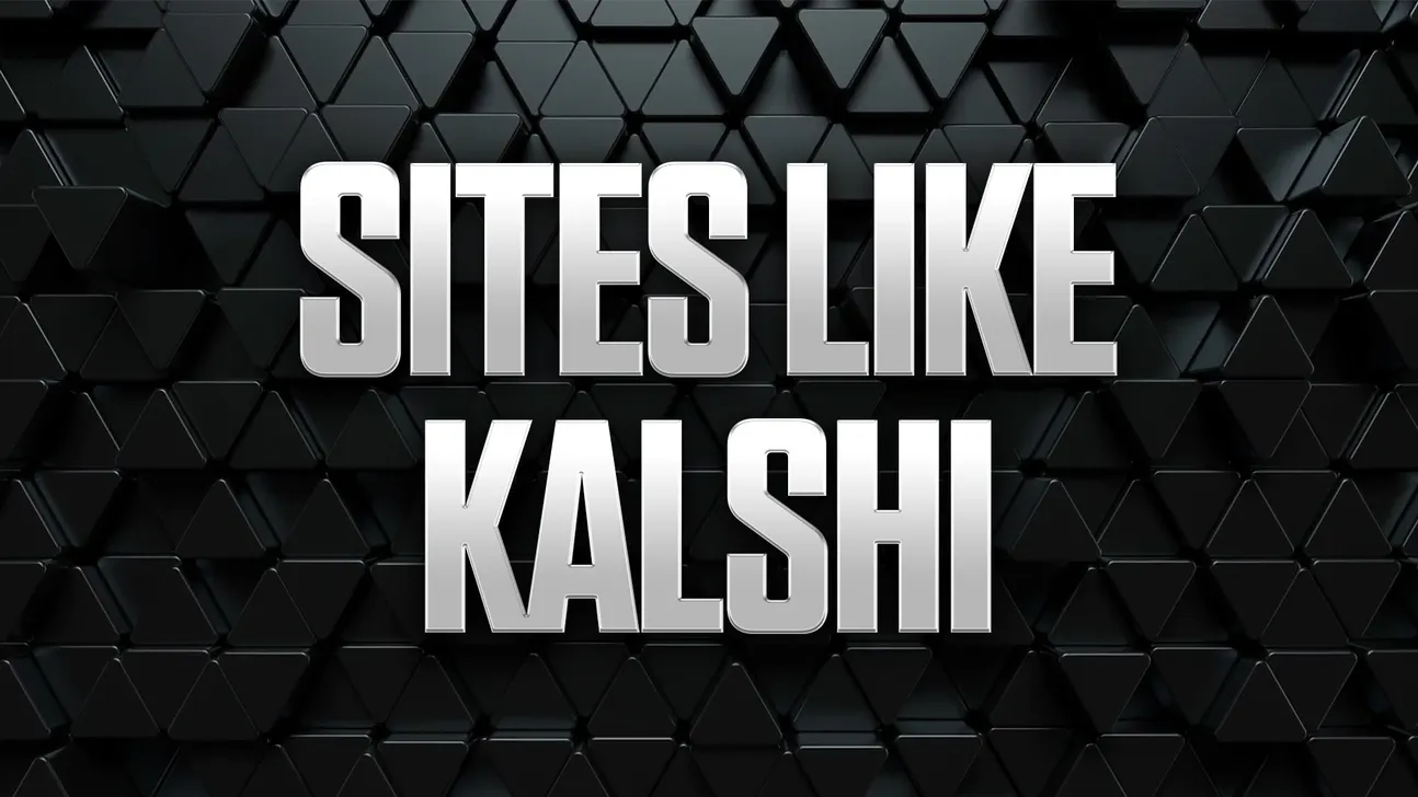 Metallic white text reading “SITES LIKE KALSHI” against a dark geometric tile background.