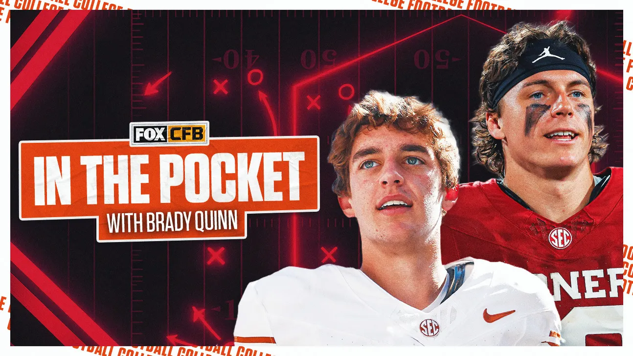 Graphic shows two football players beside an orange “In the Pocket with Brady Quinn” title over a play diagram.