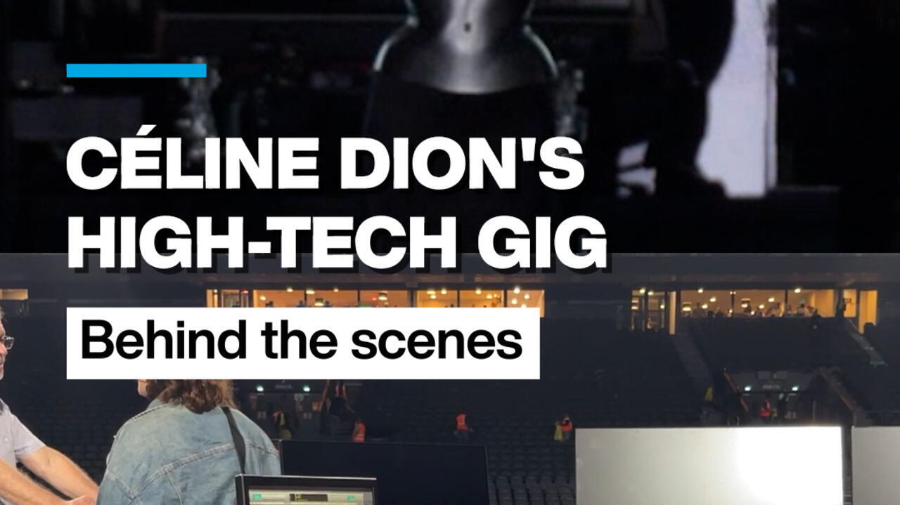 Concert venue interior with bold headline text about Céline Dion's high-tech gig and a behind-the-scenes banner.