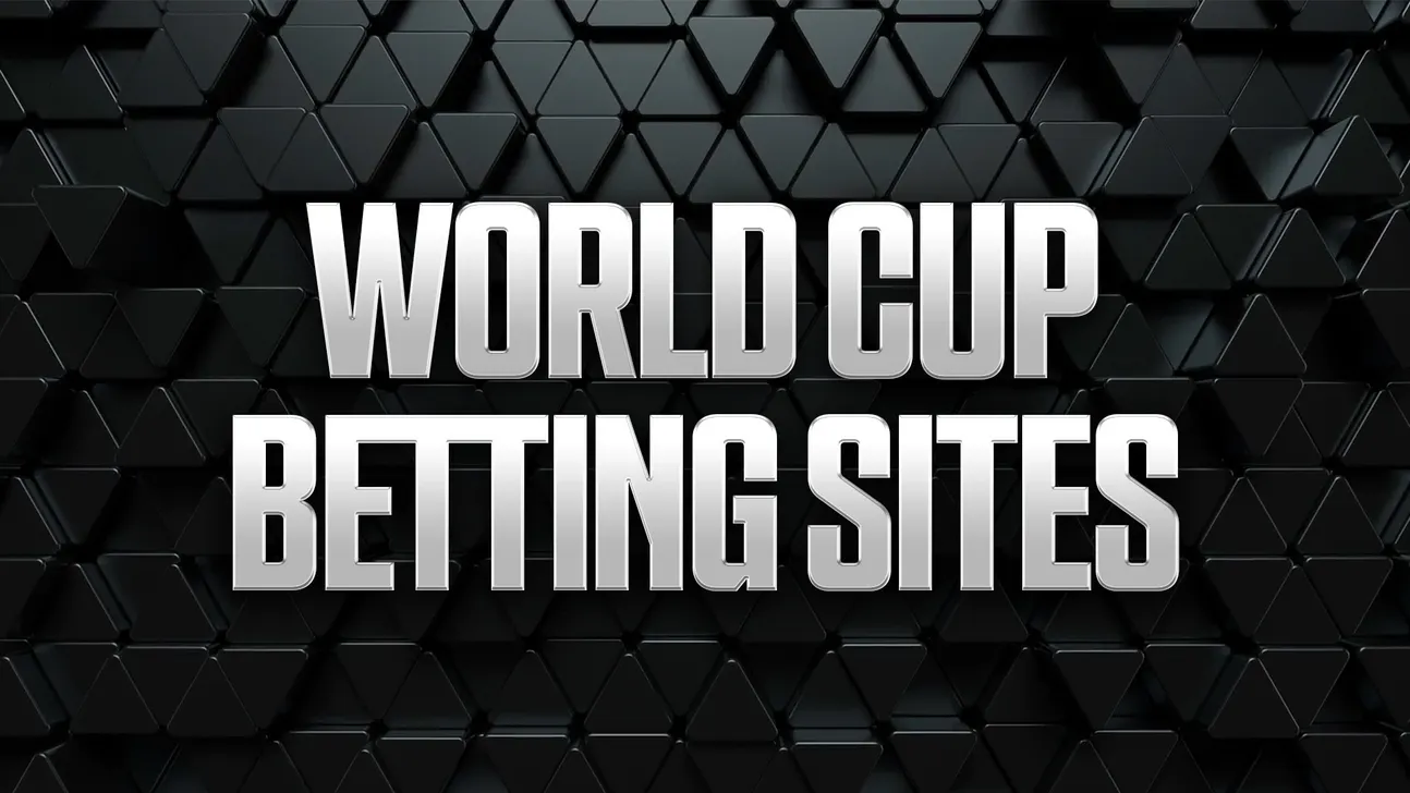 Silver “World Cup Betting Sites” lettering over a dark geometric pattern of raised triangular shapes.