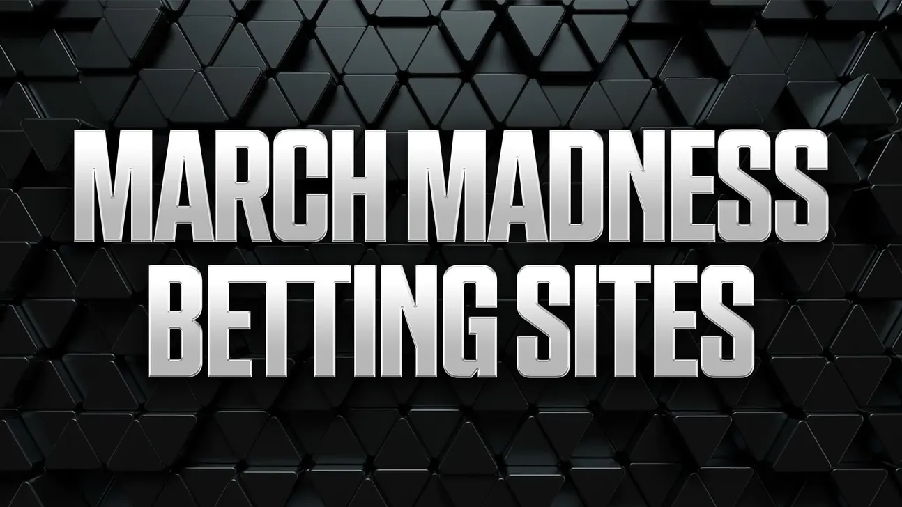 Large metallic text reading “March Madness Betting Sites” over a dark geometric background.