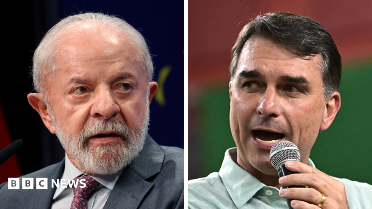 Split-screen portraits of two men, one in a suit and one speaking into a microphone.