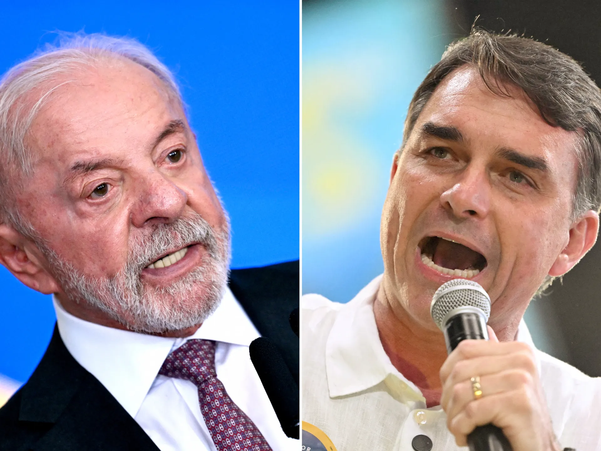 Split image of two men speaking, one in a suit and one holding a microphone.