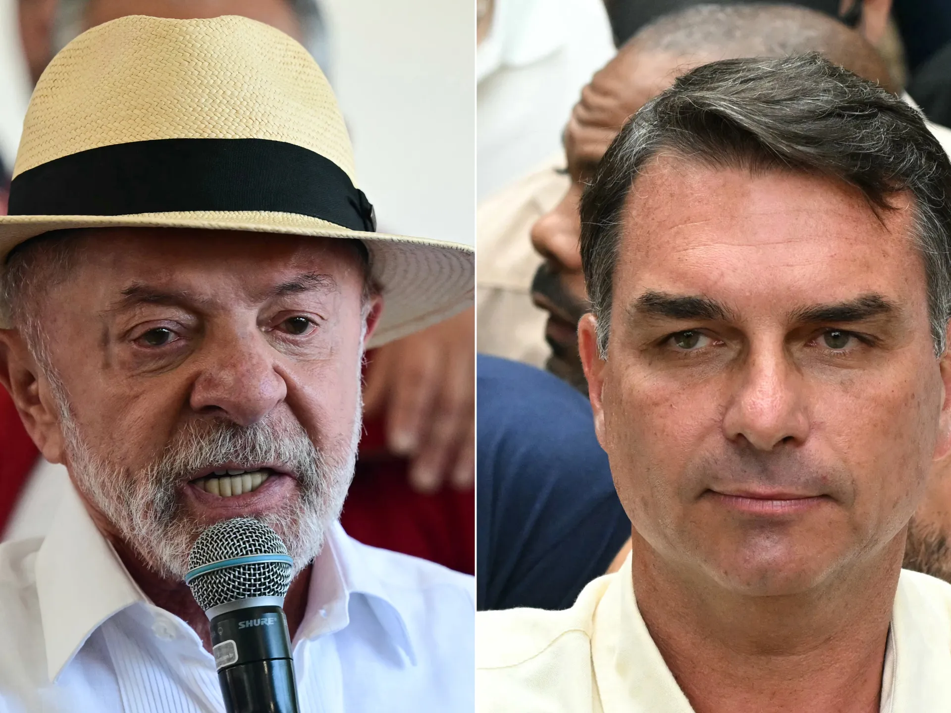 Side-by-side close-up portraits of two men, one wearing a straw hat and speaking into a microphone.