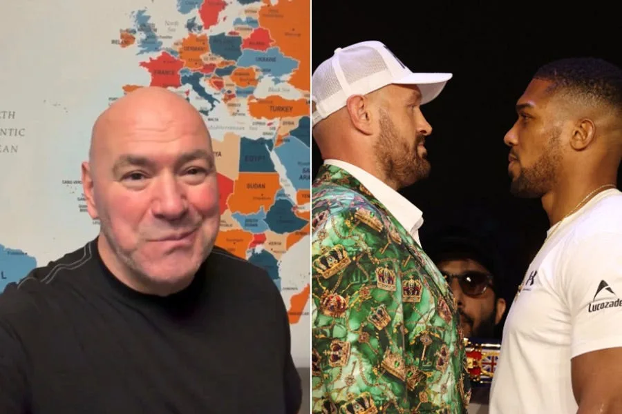 Split image shows a bald man speaking before a world map and two boxers facing each other.