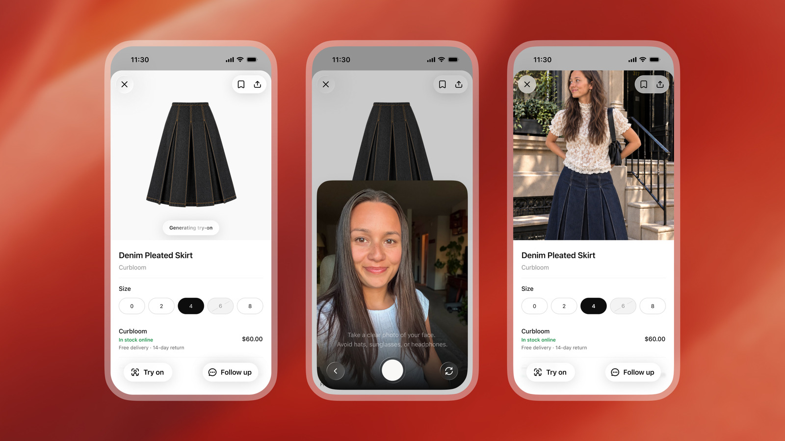 Three smartphones show a skirt product page, a face photo capture screen, and a woman wearing the skirt.