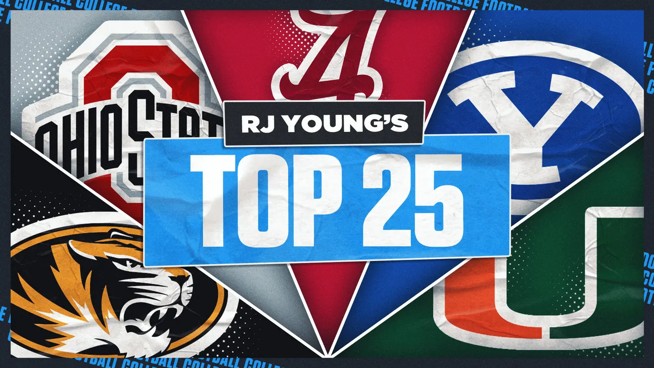 Graphic reading “RJ Young’s Top 25” over a collage of college football team logos.