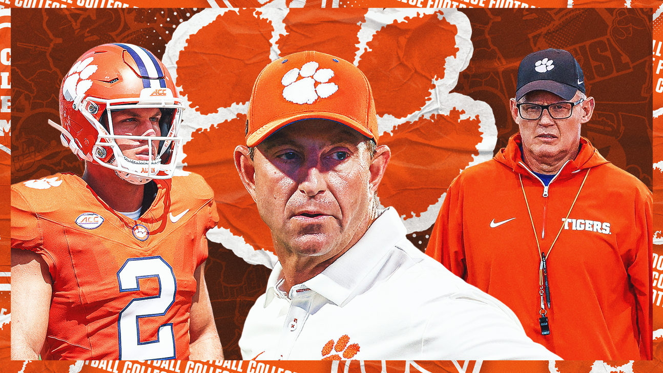 Clemson quarterback, coach in a white polo, and coach in an orange jacket appear in a football collage.