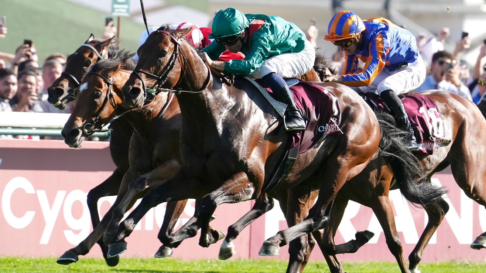 Racehorses gallop closely together, led by a jockey in teal silks and another in blue and orange.