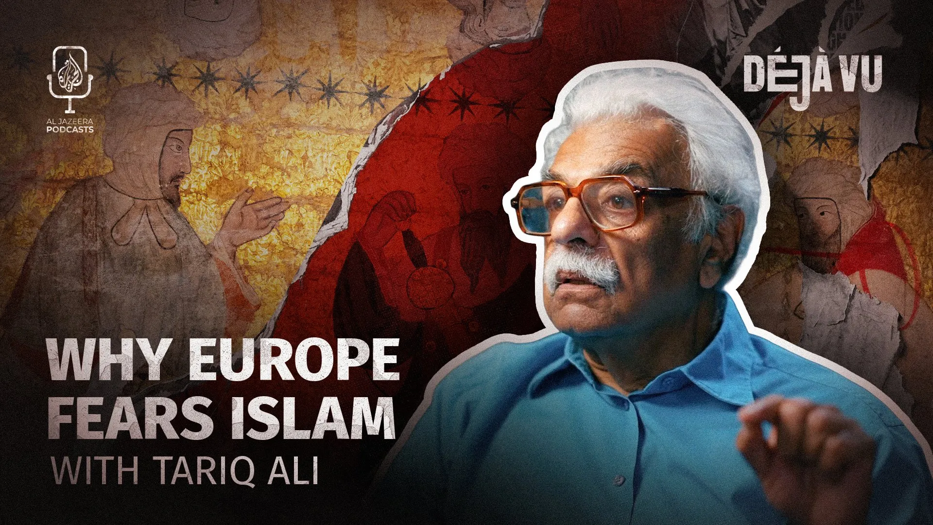 Podcast artwork showing an older man in a blue shirt against historical illustrations, with large episode text.