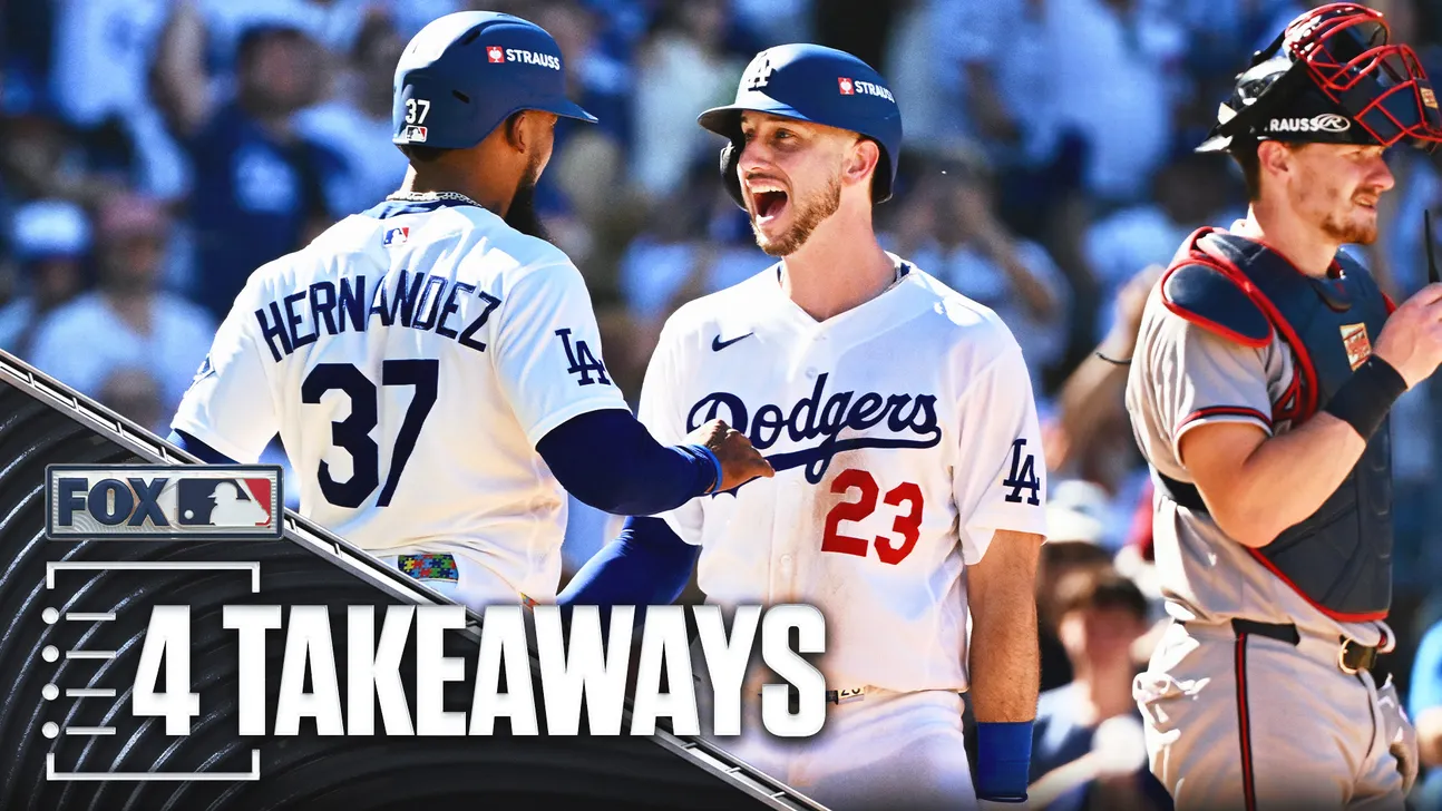 Two Dodgers players celebrate beside a Giants catcher, with a broadcast graphic reading “4 Takeaways.”