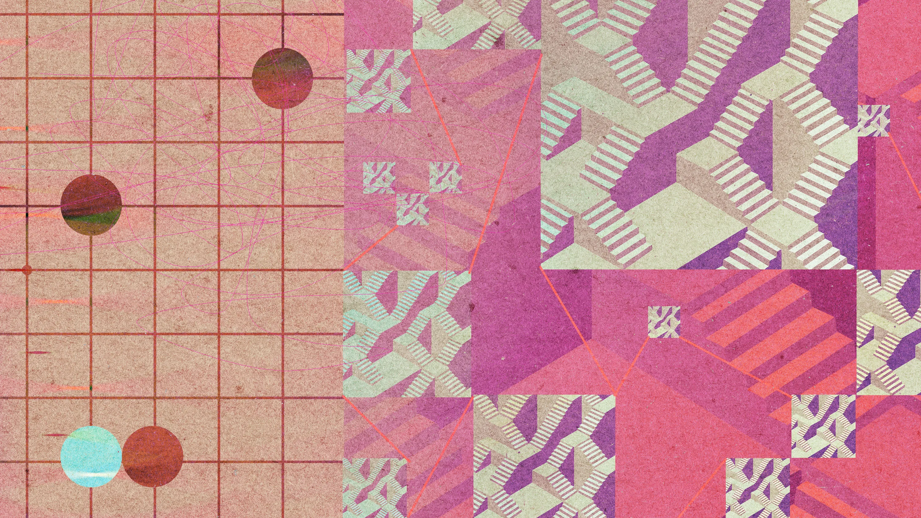 Textured abstract collage of grid lines, colored circles, intersecting geometric stairways, and magenta shapes.
