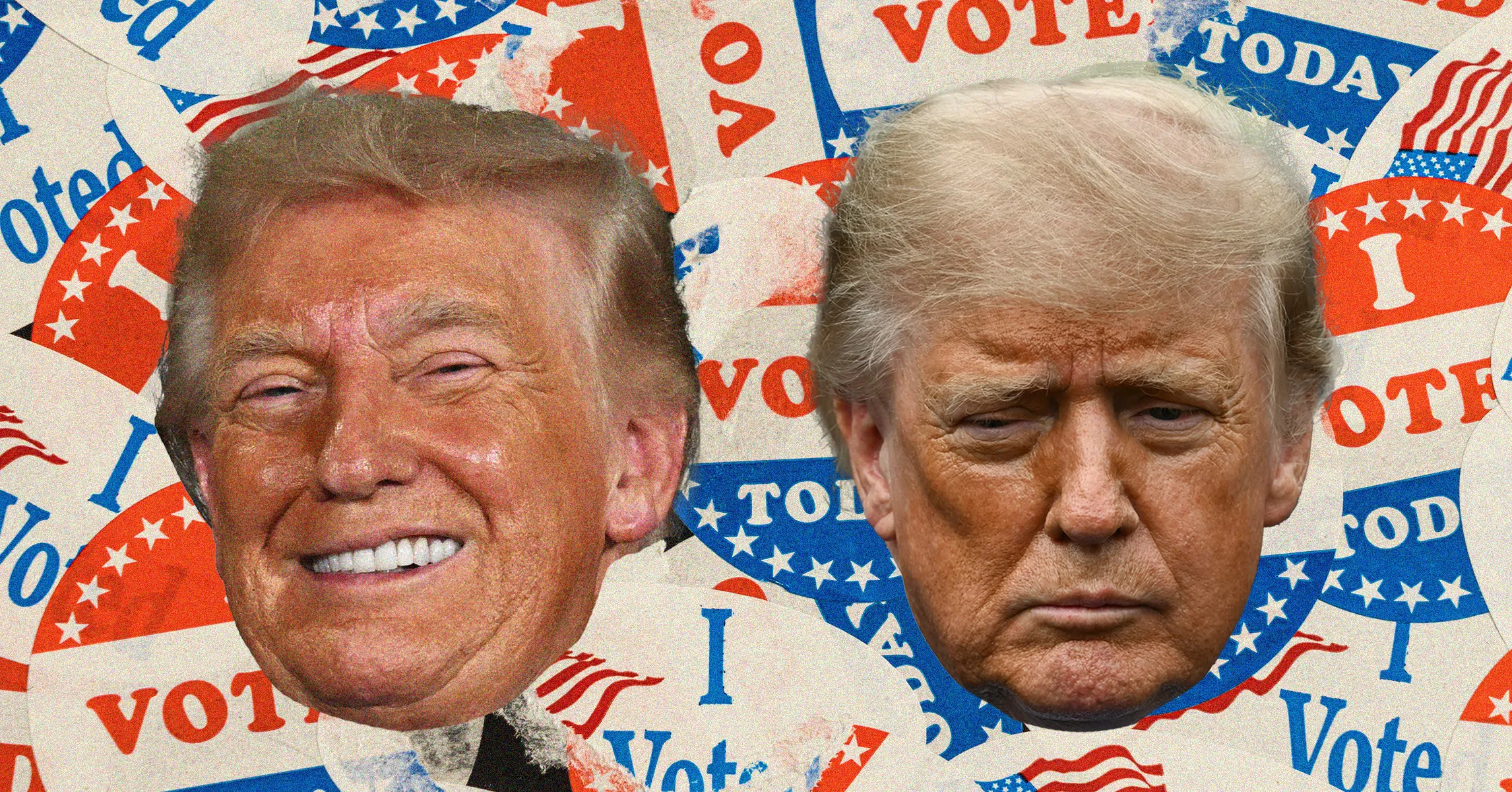 Cutout portraits of two men, one smiling and one frowning, over red, white, and blue voting signs.