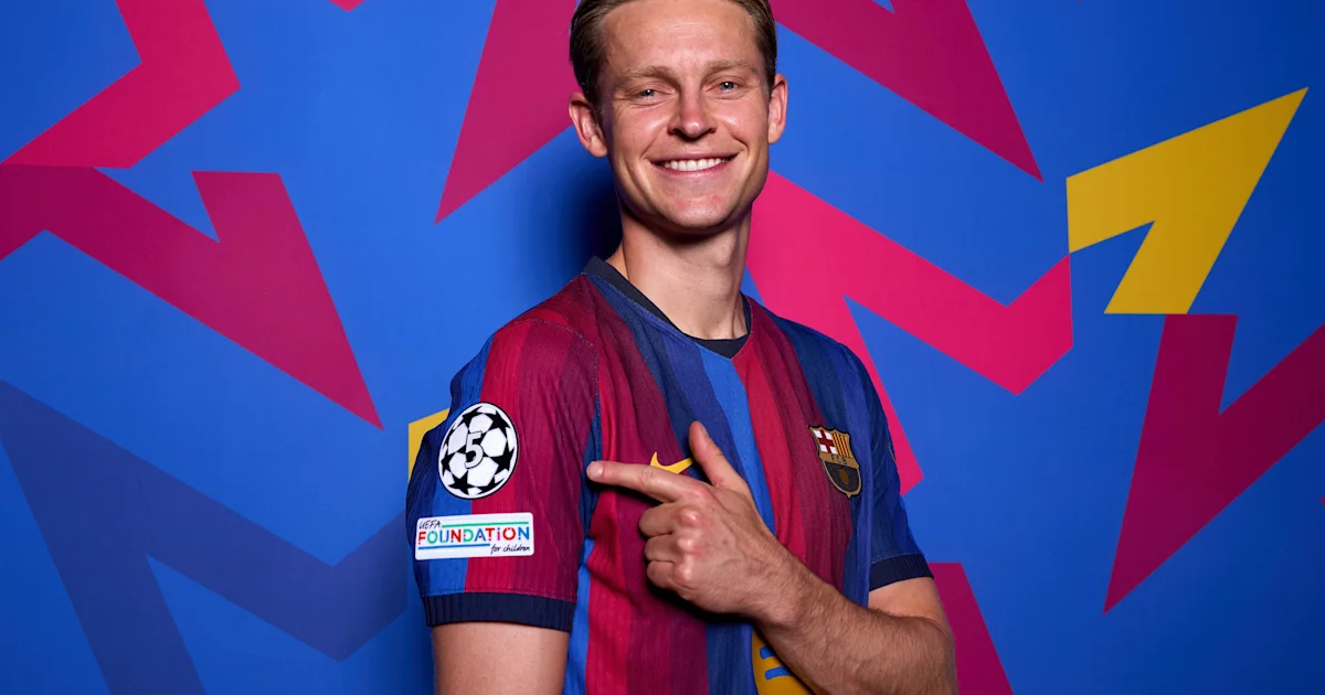 Smiling footballer in a Barcelona jersey points toward the club crest against a colorful geometric backdrop.