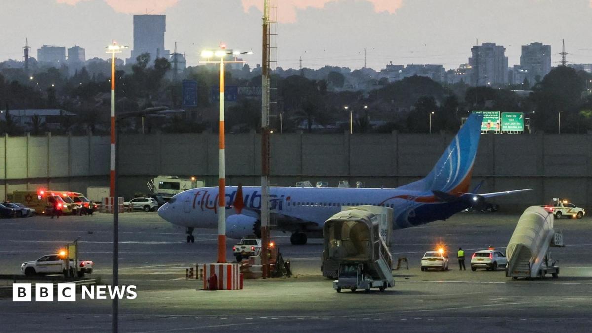 A Flydubai passenger jet sits on an airport apron at dusk among service vehicles and ground equipment.