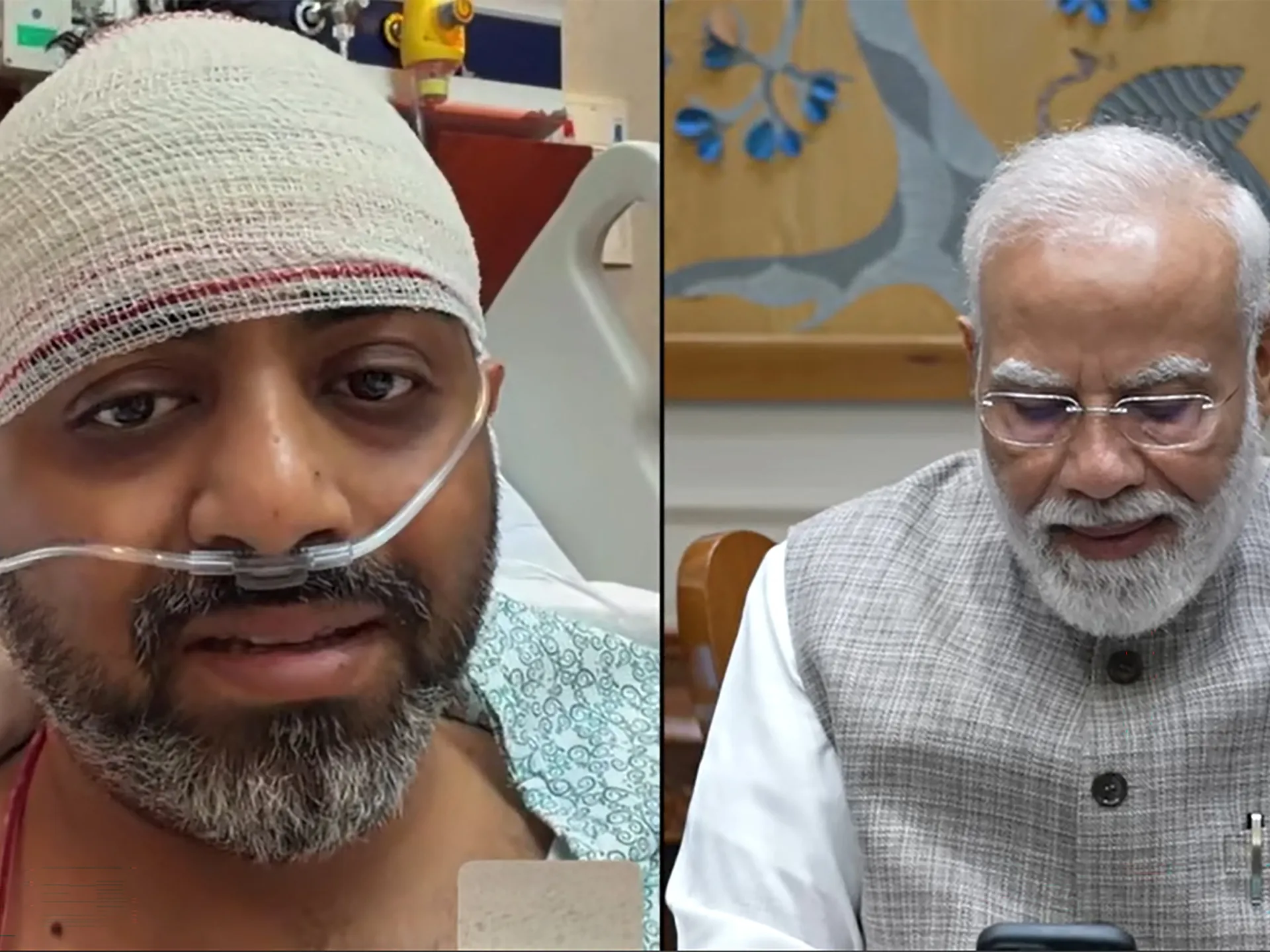 Split-screen shows an injured man in a hospital bed beside an older man speaking on a phone.