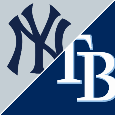 Diagonal split graphic with a dark Yankees monogram on gray and a white Rays letter on navy.