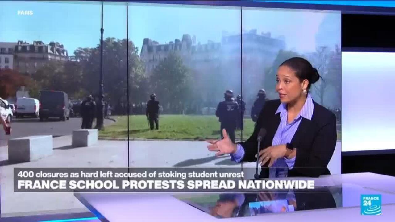 A France 24 presenter gestures beside footage of police near a grassy area and parked vehicles.