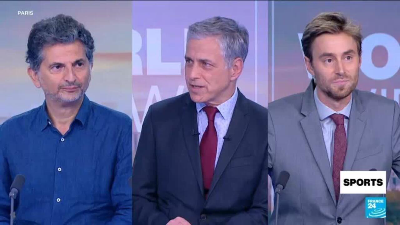 Three male studio guests sit side by side, with microphones and France 24 Sports graphics visible.