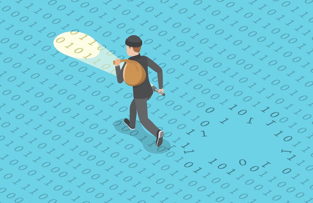 Illustration of a masked person carrying a sack across a field of binary digits.