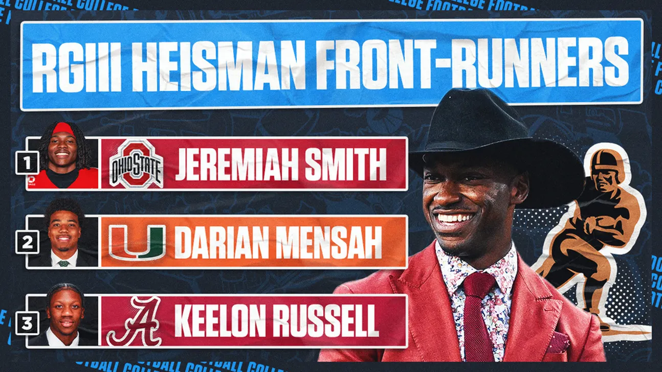 Graphic lists RGIII Heisman front-runners Jeremiah Smith, Darian Mensah and Keelon Russell beside a smiling man in a red jacket.
