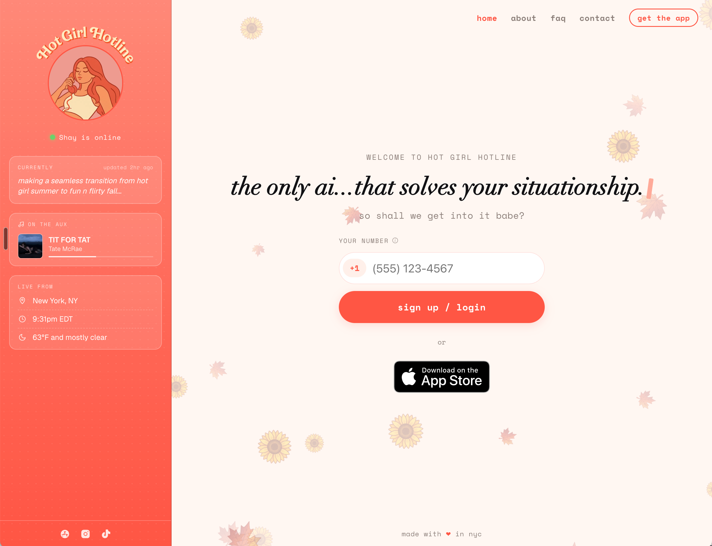 Hot Girl Hotline signup webpage with a coral sidebar, illustrated caller, phone number field, and App Store badge.