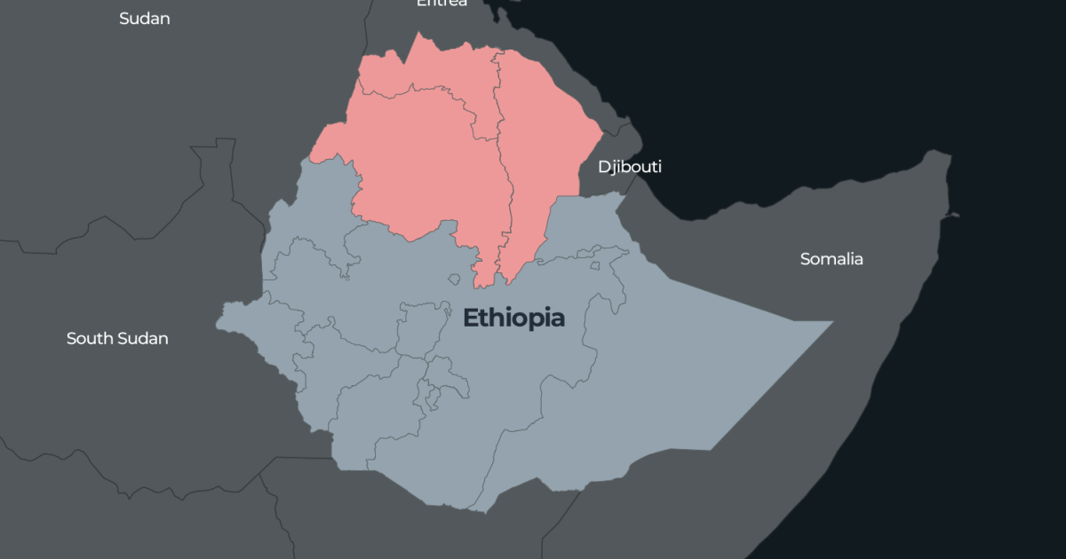 Map highlighting a pink region in northern Ethiopia, with neighboring countries labeled around it.
