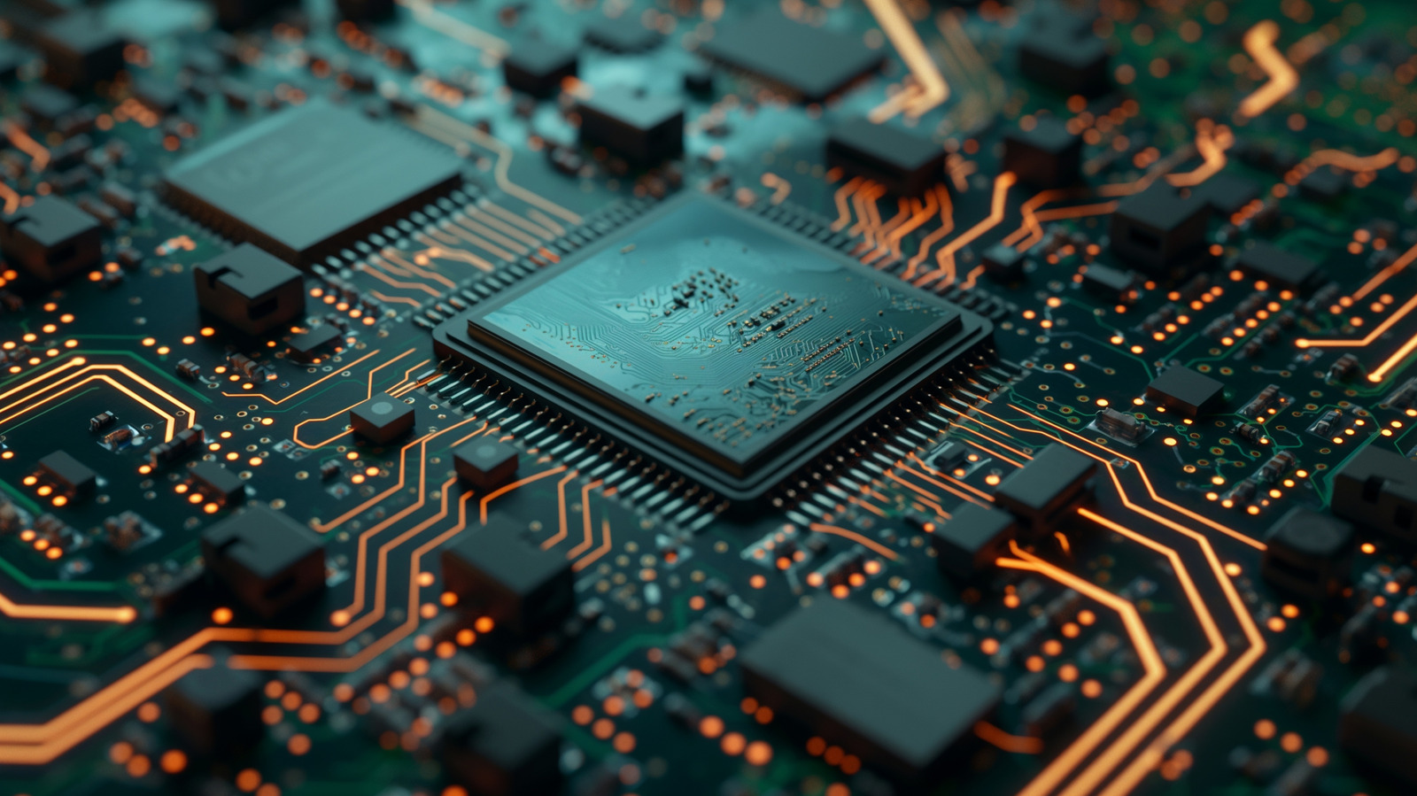Close-up of a central microchip on a circuit board with glowing orange traces and surrounding components.