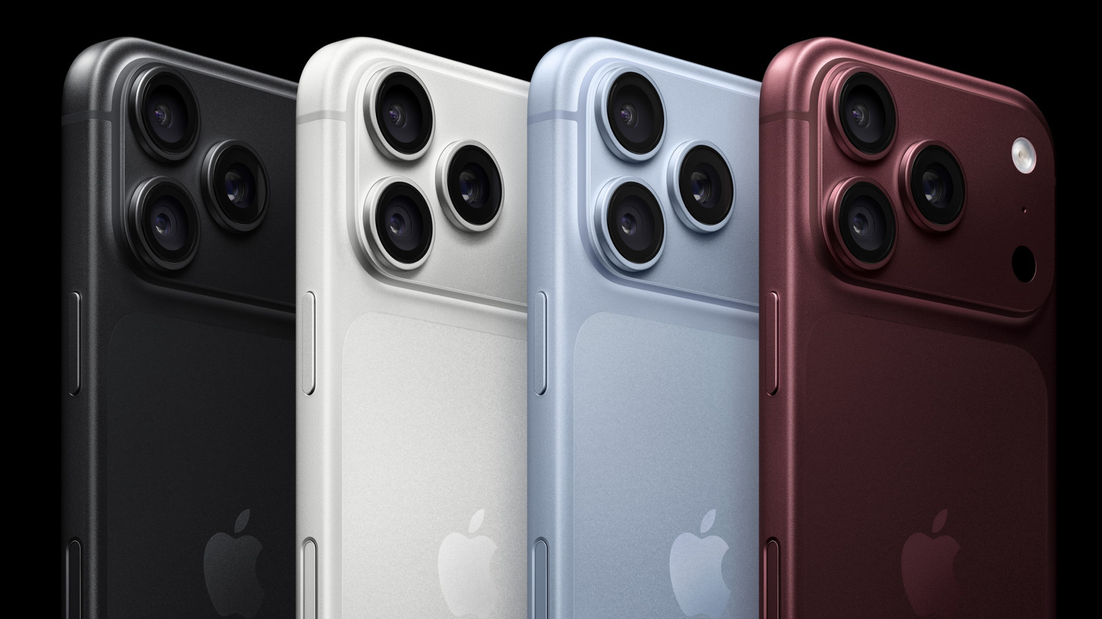 Four smartphones shown from the back in black, white, pale blue, and burgundy, each with three rear camera lenses.