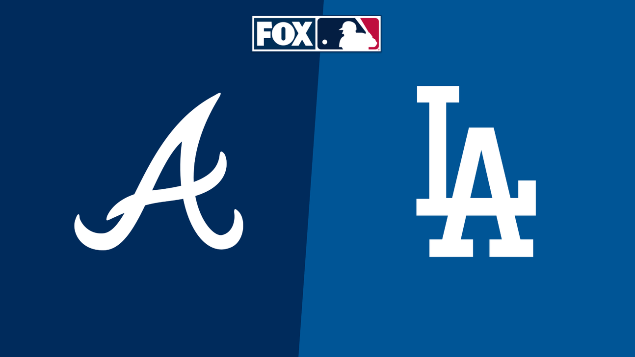 FOX MLB logo above large white Braves and Dodgers logos on split dark and bright blue backgrounds.