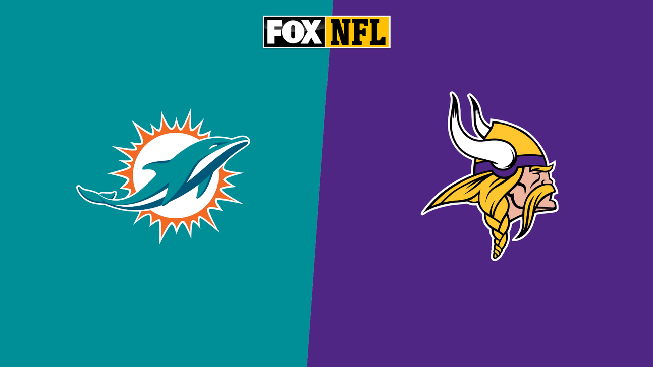 Miami Dolphins and Minnesota Vikings logos on teal and purple backgrounds beneath a FOX NFL logo.