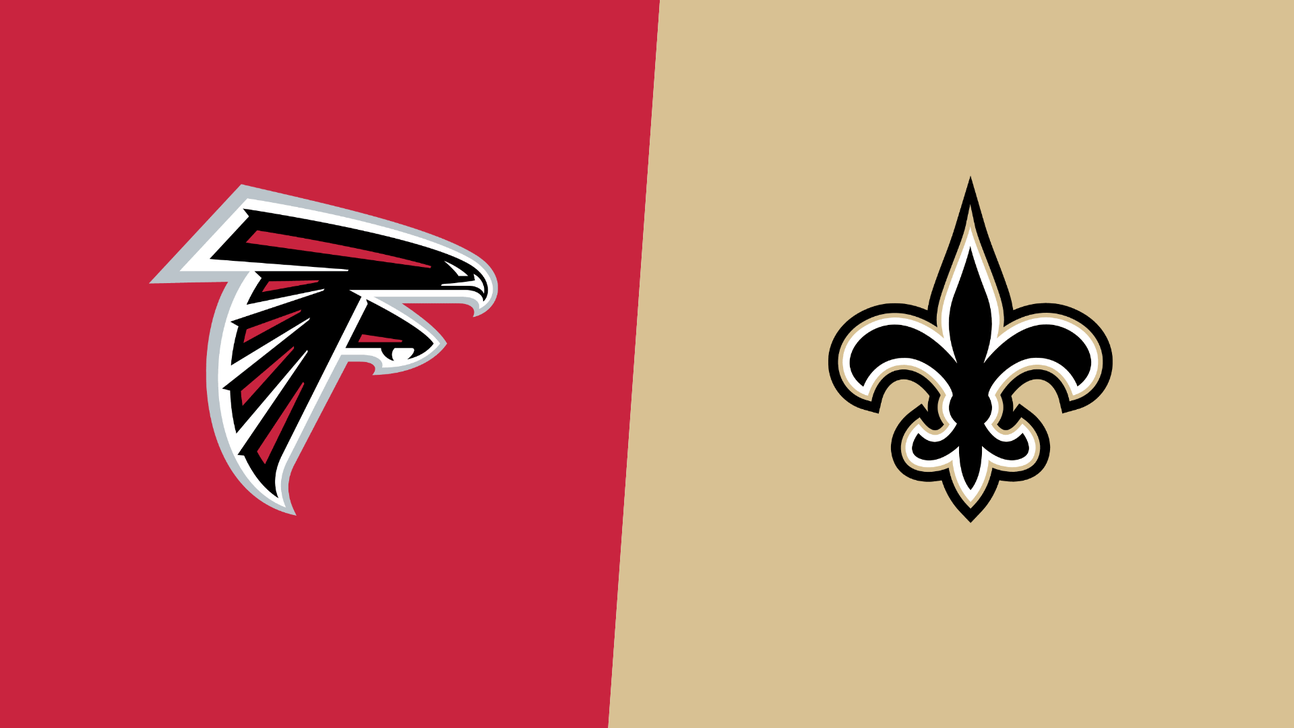 Atlanta Falcons logo on a red field beside the New Orleans Saints logo on a gold field.