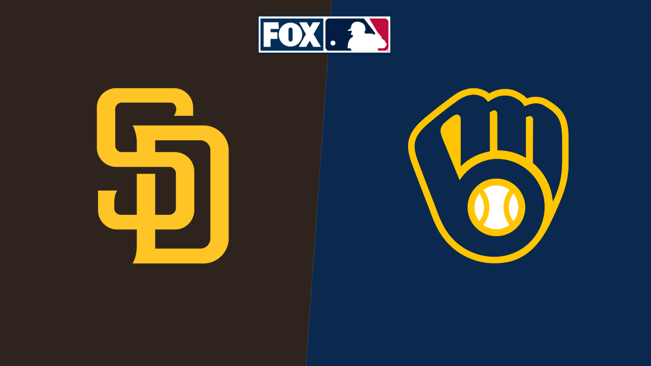 Padres and Brewers logos appear on a split brown and navy background beneath a FOX MLB logo.