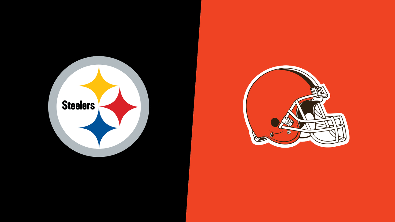 Steelers logo on a black background beside a Browns helmet on orange.