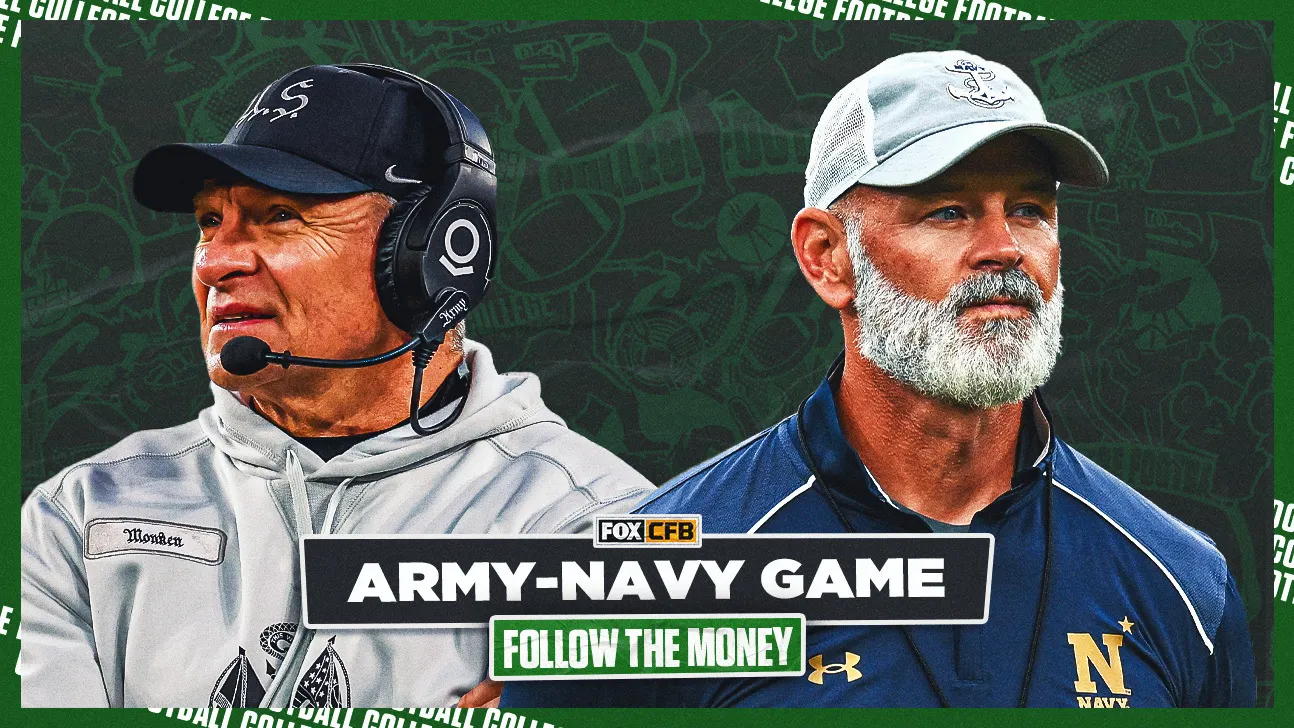 Two football coaches in team apparel flank a graphic reading “Army-Navy Game” and “Follow the Money.”