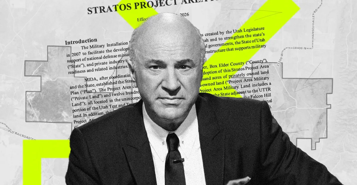 Black-and-white portrait of a bald man in a suit overlaid on a map and marked-up document.